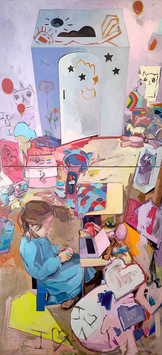 Oil Painting of a young girl in a blue dress sits at a cluttered table with art supplies, toys, and books in a colorful, child&#8217;s room with drawings on the walls and wardrobe.